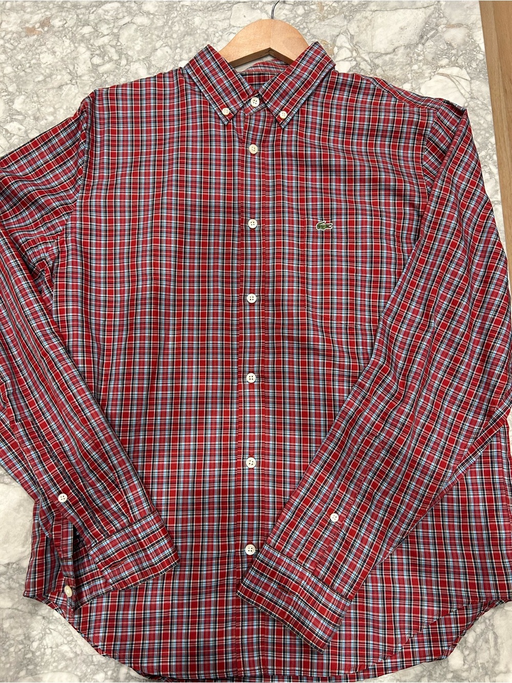 Lacoste Men’s Red and Blue Plaid Button-Up Shirt